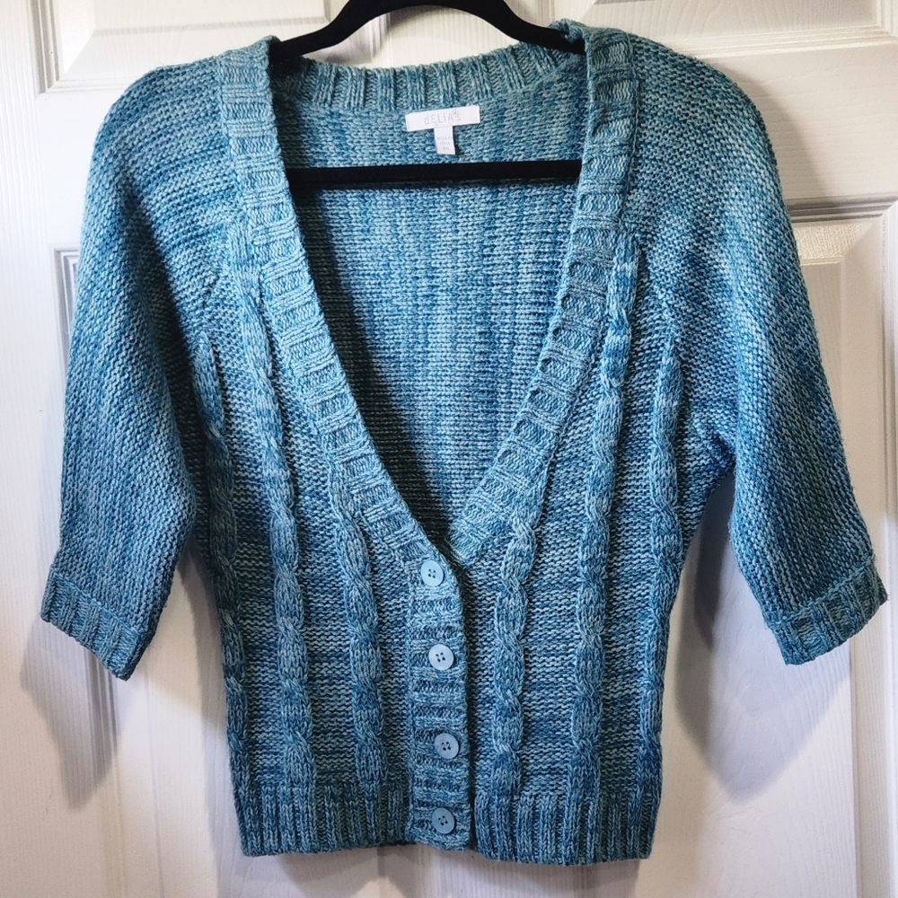 dELiA*s teal 3/4 sleeve knit cropped cardigan sweater women's size XS